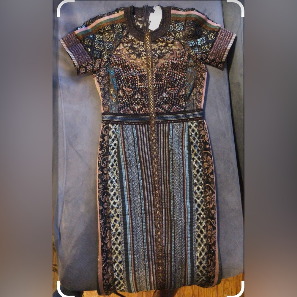 Anthropologie Byron Lars 2  Sequin Sheath Midi Dress multi color and materials